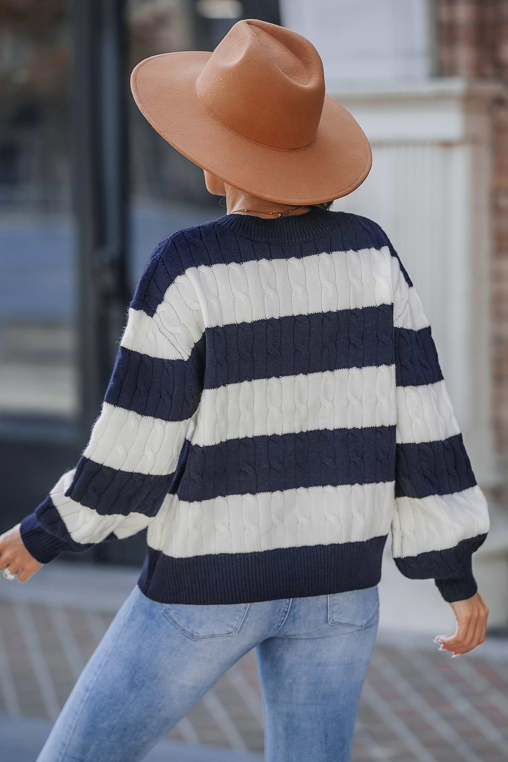 Black & White Stripe V-Neck Long Sleeve Cable Knit Sweater