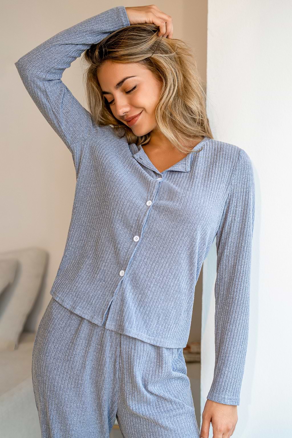 Ribbed Jersey Long Sleeve Top & Pants Pajama Set