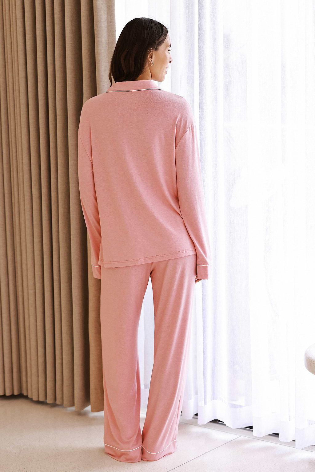 Coral Collared Long Sleeve Pajama Top & Pants Set