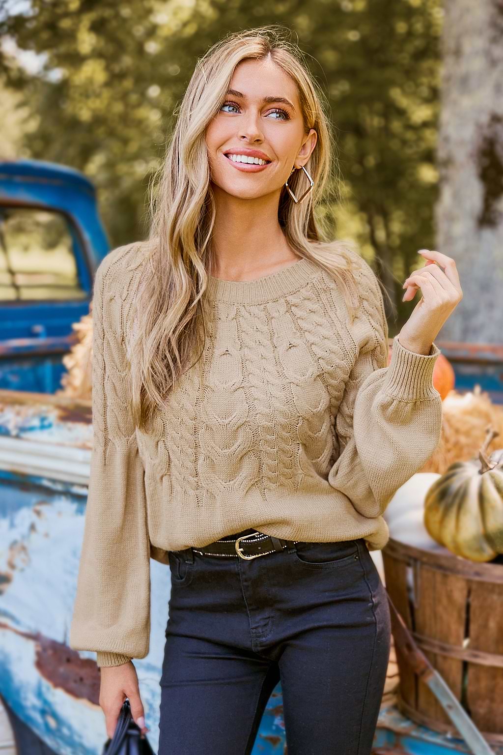 Khaki Cable Knit Blouson Sleeve Sweater