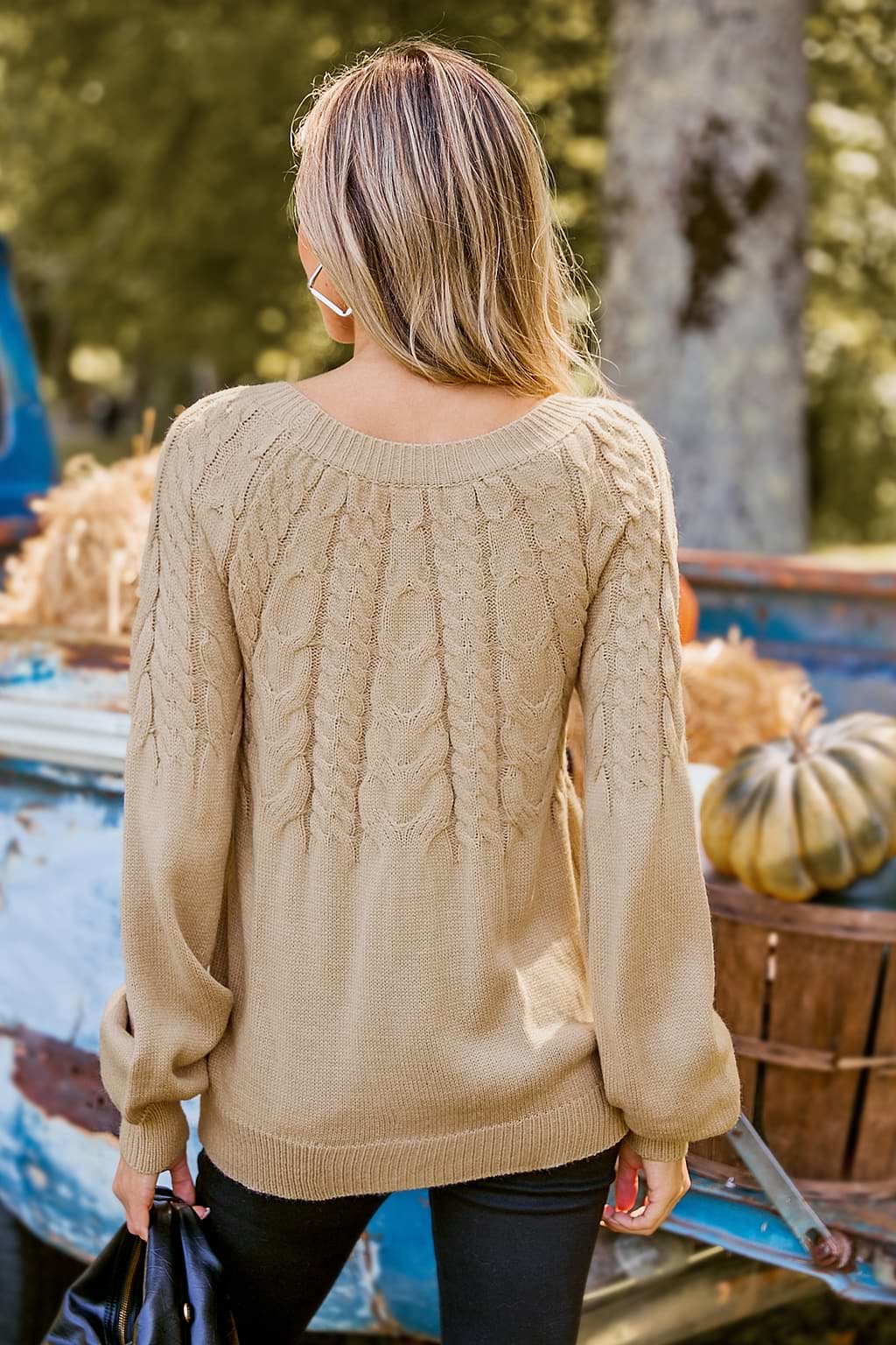 Khaki Cable Knit Blouson Sleeve Sweater