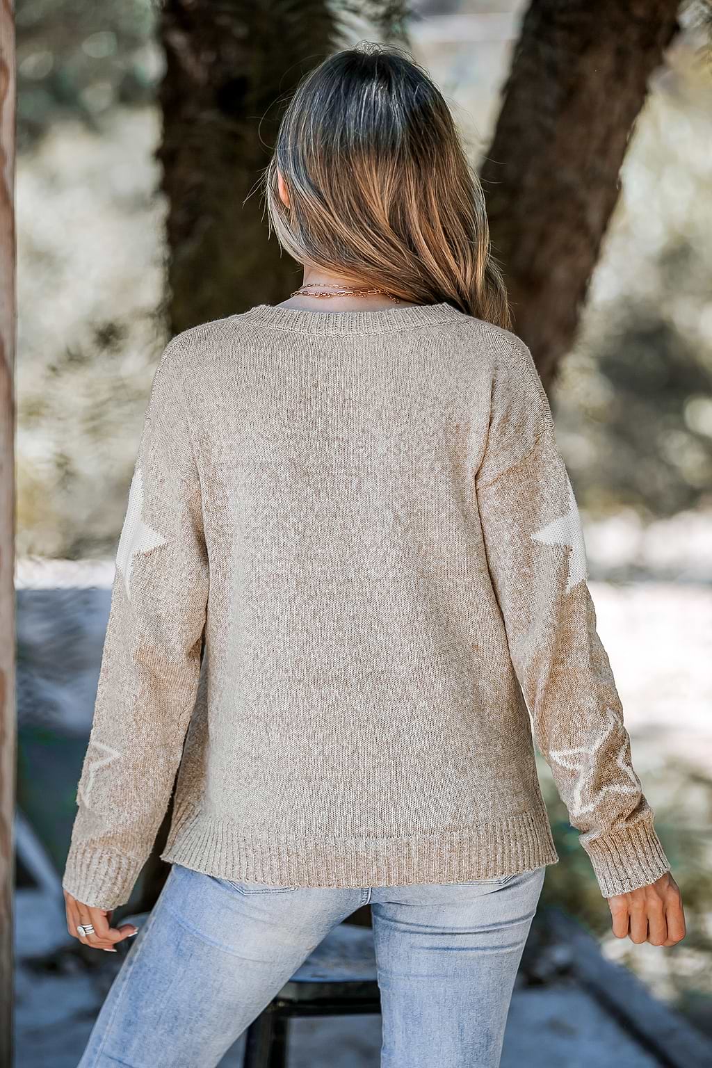Camel Star Print Long Sleeve Sweater