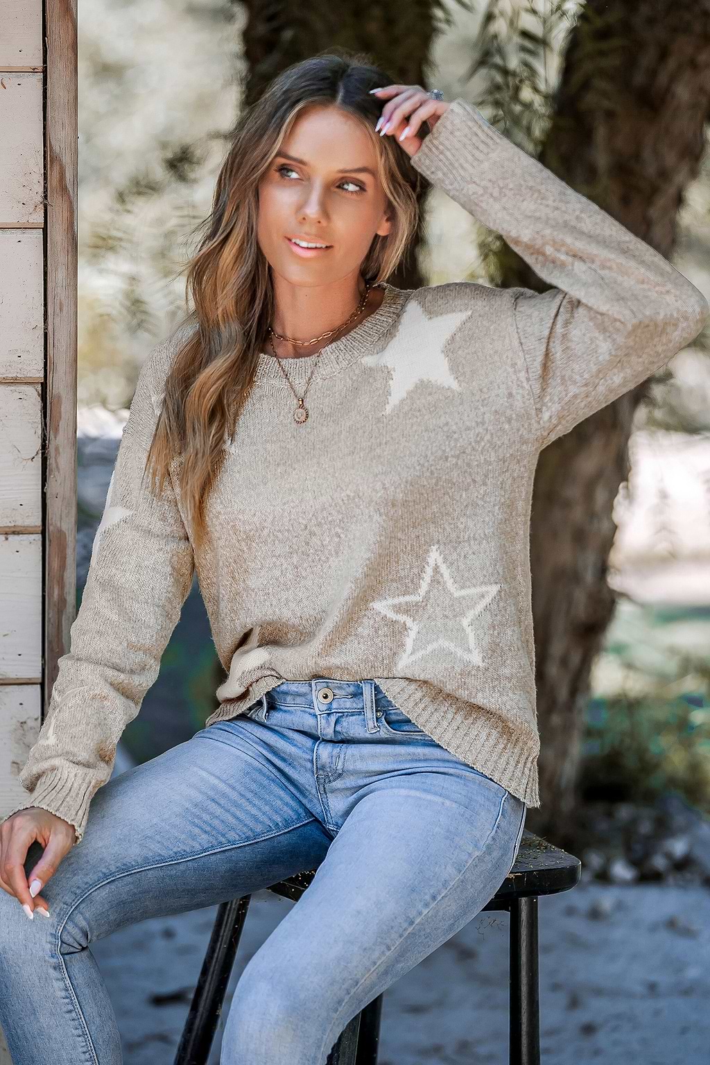 Camel Star Print Long Sleeve Sweater