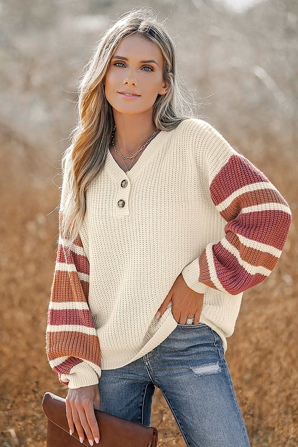 V-Neck Buttoned Striped Jumper