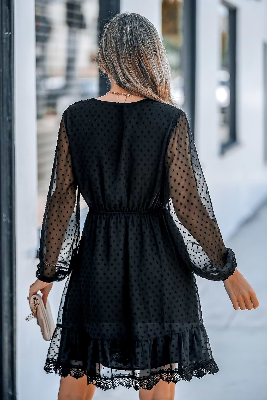 Black Lace Sheer Sleeve Mini Dress