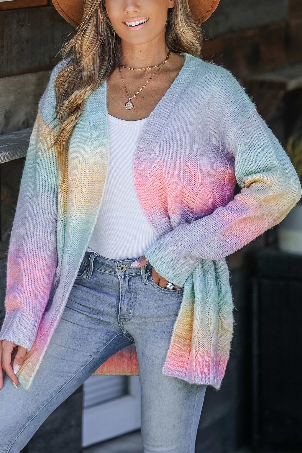 Rainbow Ombre Open Front Long Sleeve Cardigan