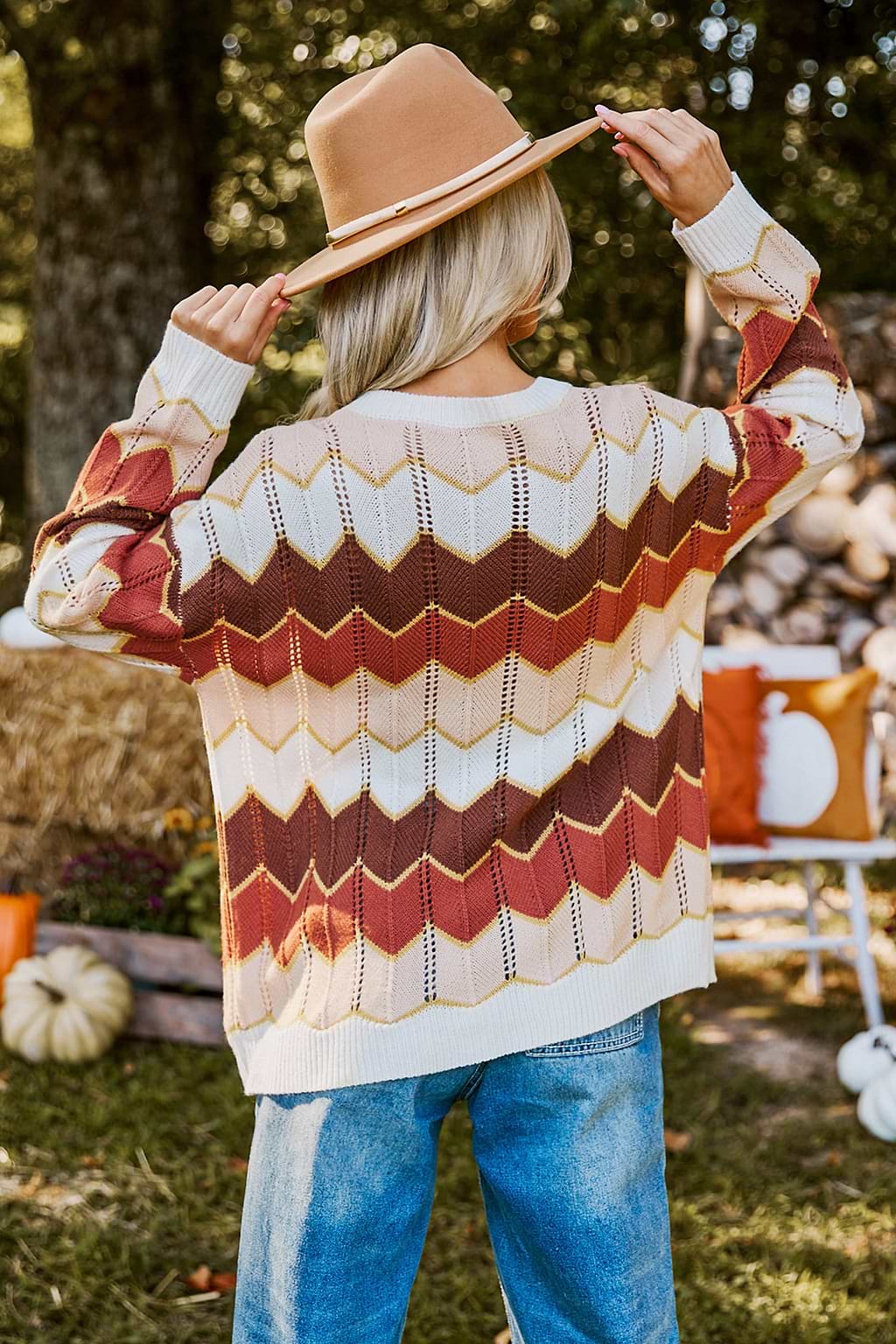 Chevron Colorblock Round Neck Long Sleeve Sweater