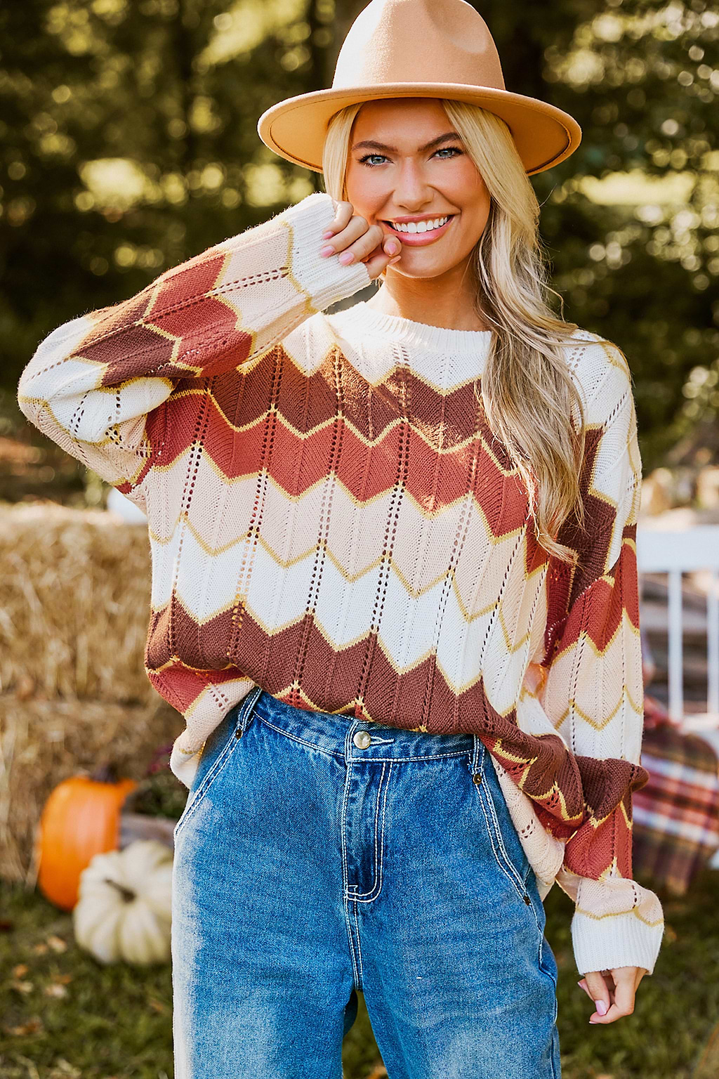 Chevron Colorblock Round Neck Long Sleeve Sweater
