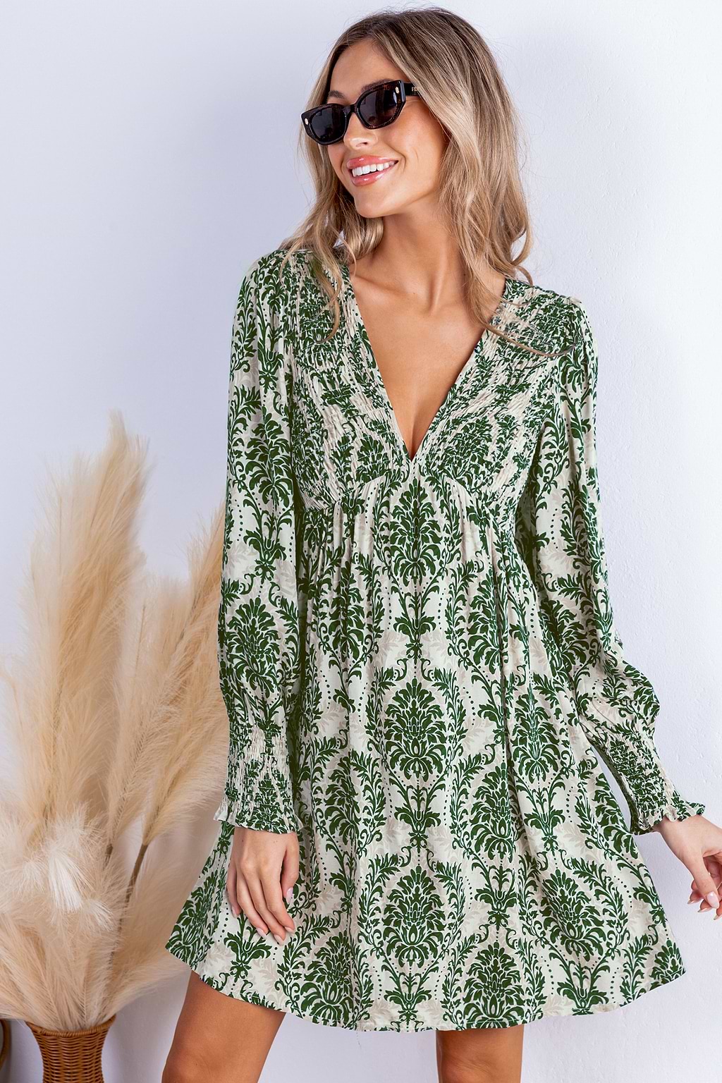 Green Damask V-Neck Long Sleeve Mini Dress