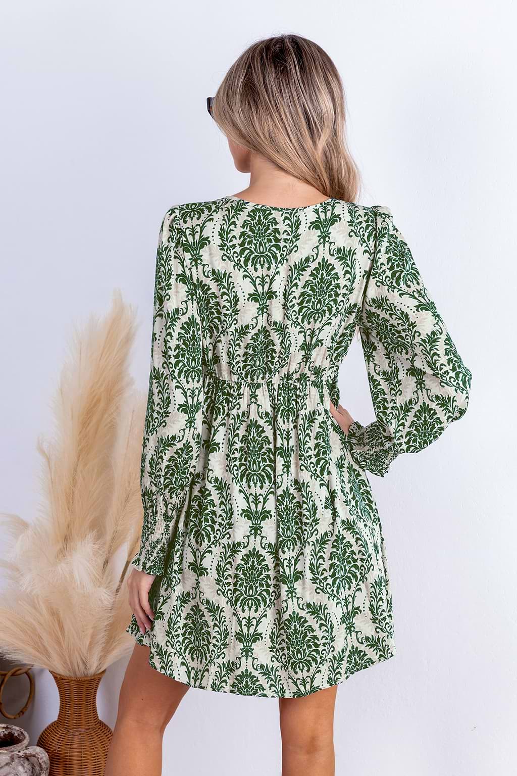 Green Damask V-Neck Long Sleeve Mini Dress