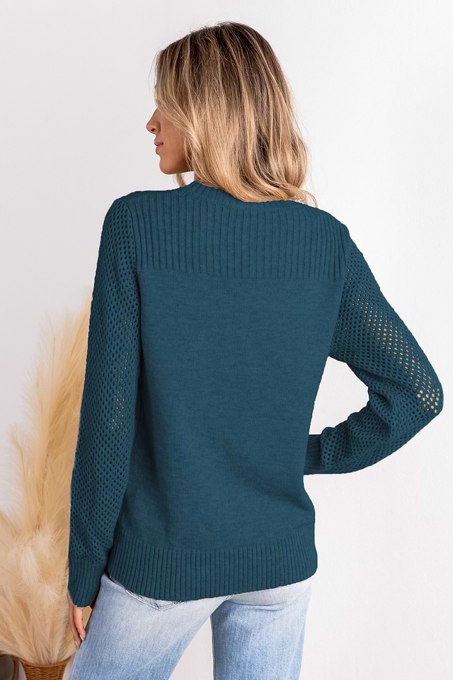 Blue Round Neck Perforated Long Sleeve Sweater