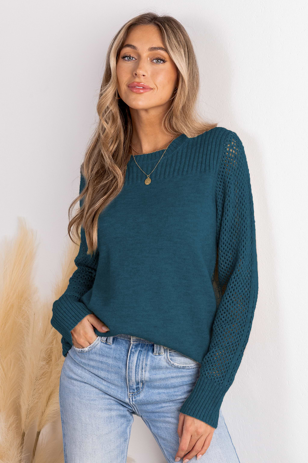 Blue Round Neck Perforated Long Sleeve Sweater