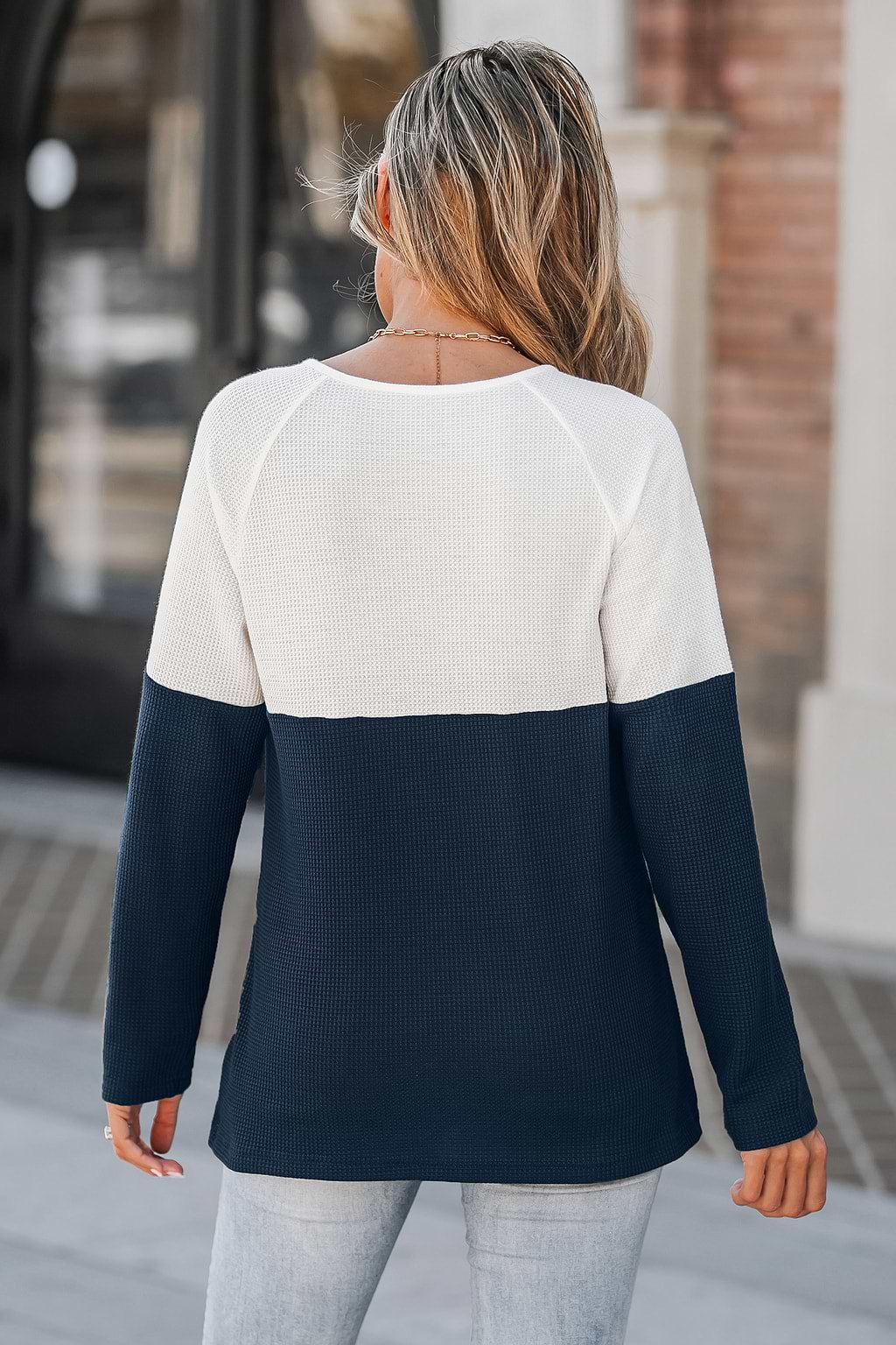 Blue & White Colorblock Round Neck Long Sleeve Tee