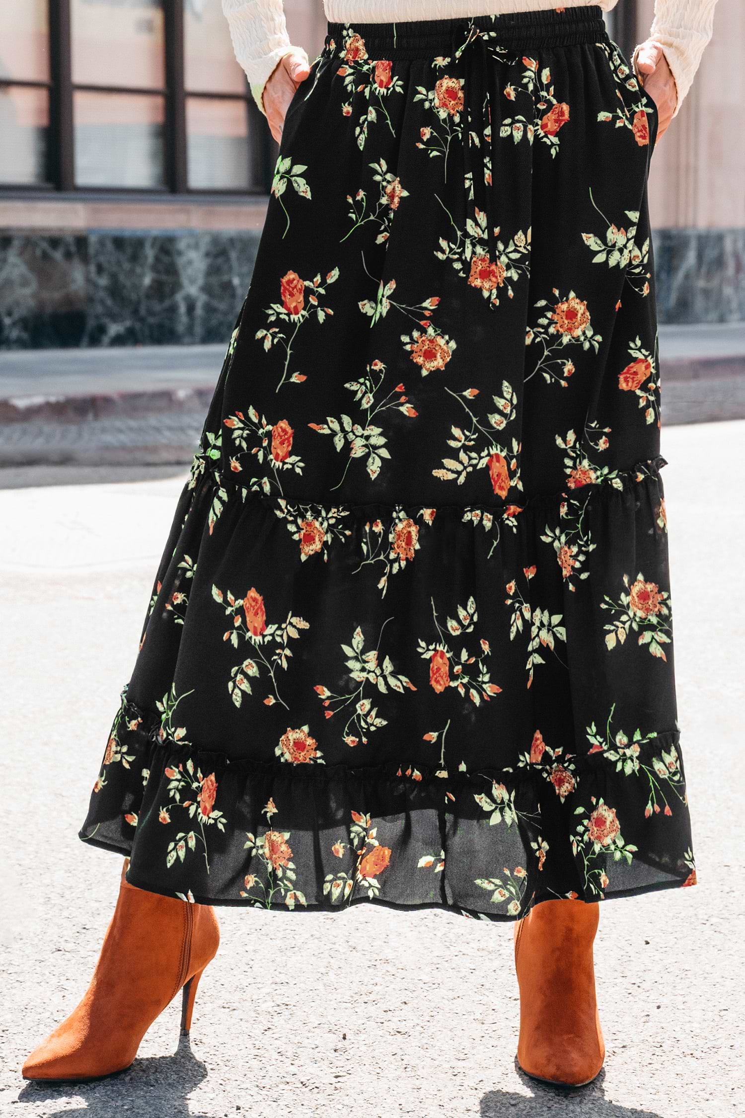 Black Floral Elastic Waist Maxi Skirt