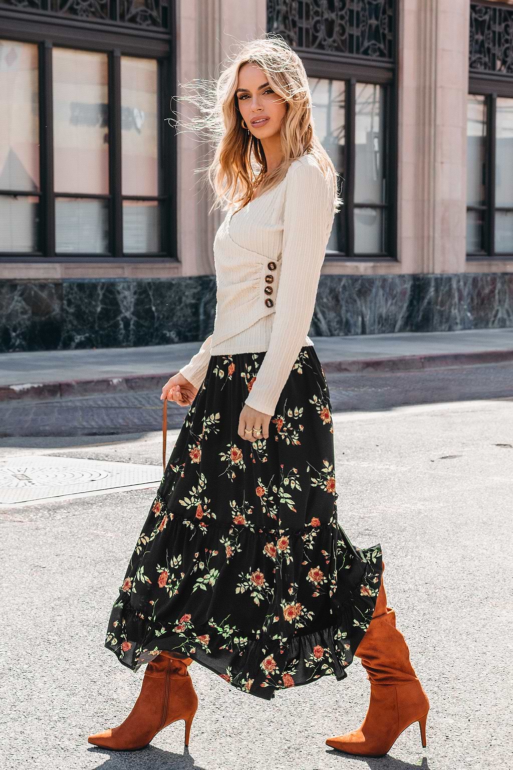 Black Floral Elastic Waist Maxi Skirt