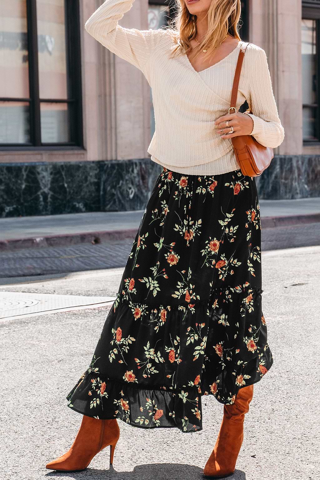 Black Floral Elastic Waist Maxi Skirt