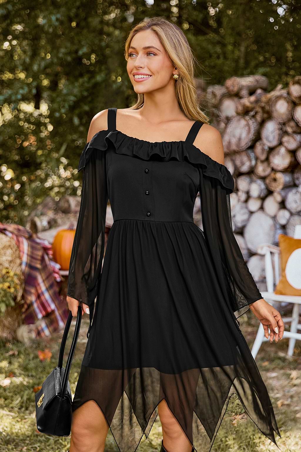 Black Mesh Asymmetrical Hem Midi Dress