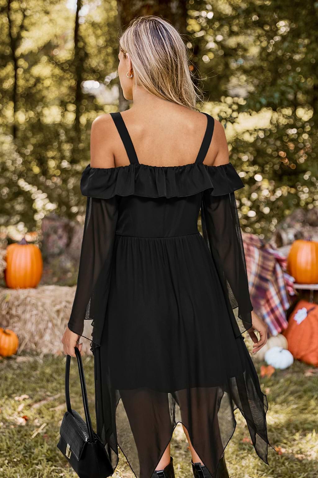 Black Mesh Asymmetrical Hem Midi Dress
