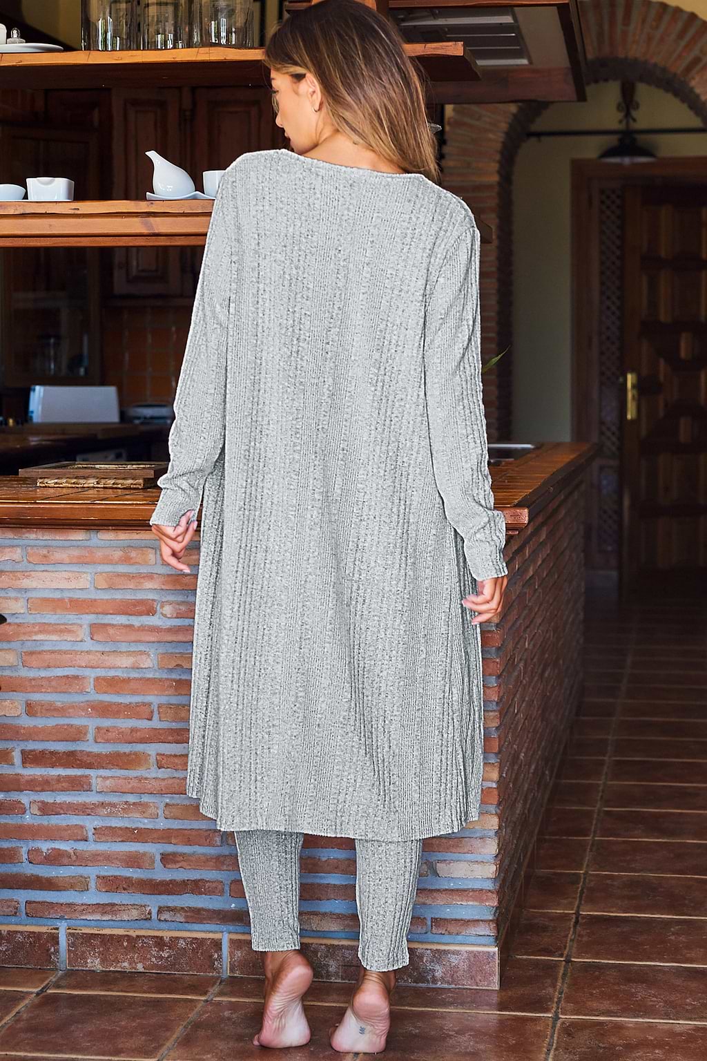 Grey Ribbed Knit Pajama Set