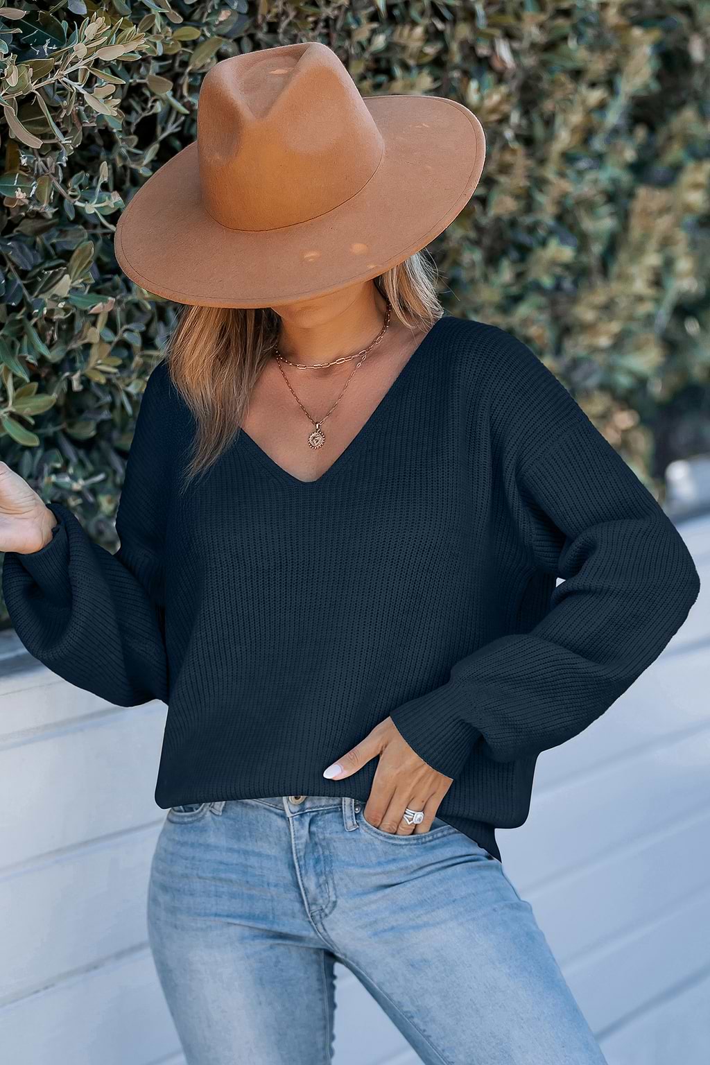 Blue Long Sleeve Back Tie Sweater