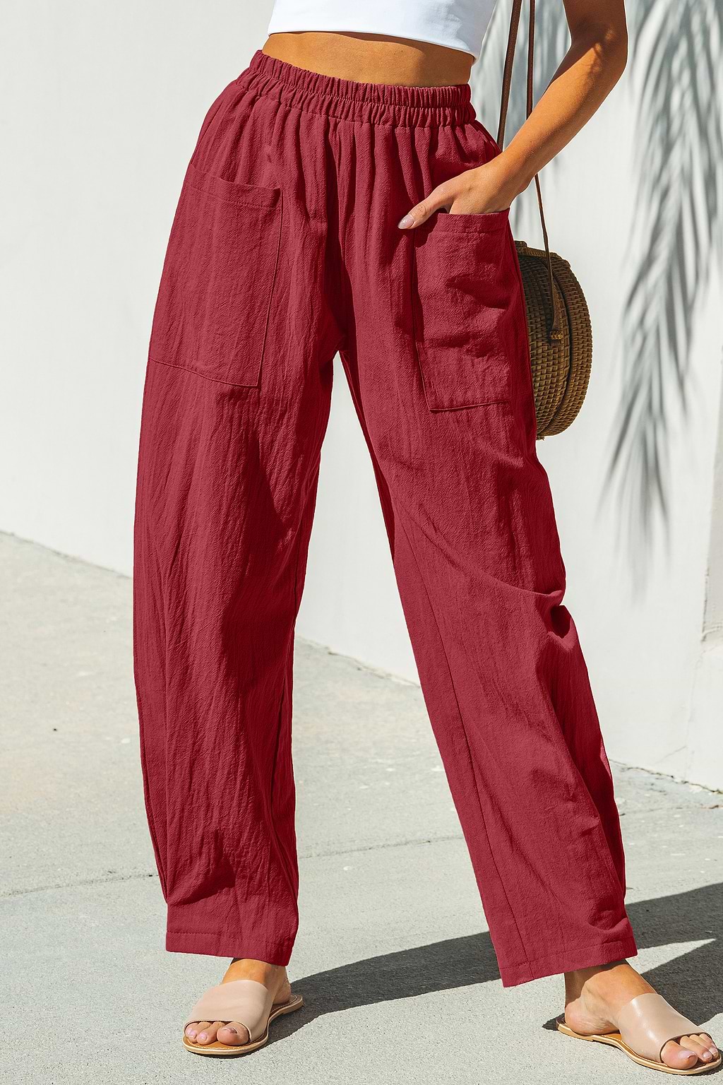 Burgundy Cotton Elastic Waist Tapered Leg Pants