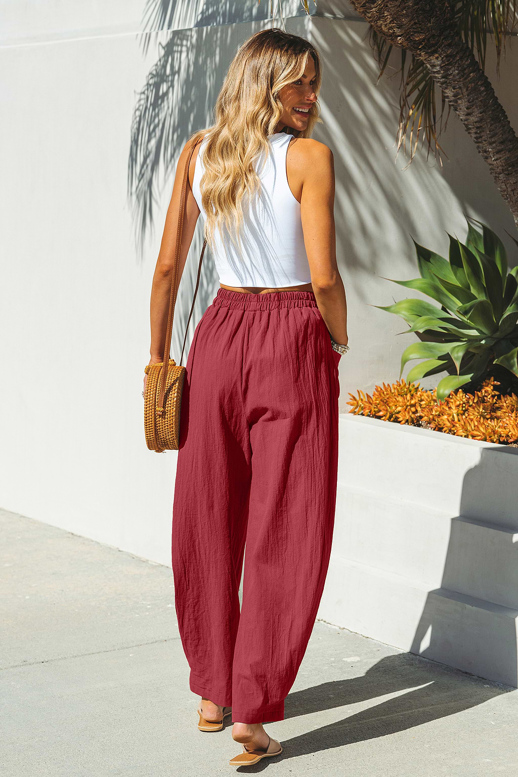 Burgundy Cotton Elastic Waist Tapered Leg Pants