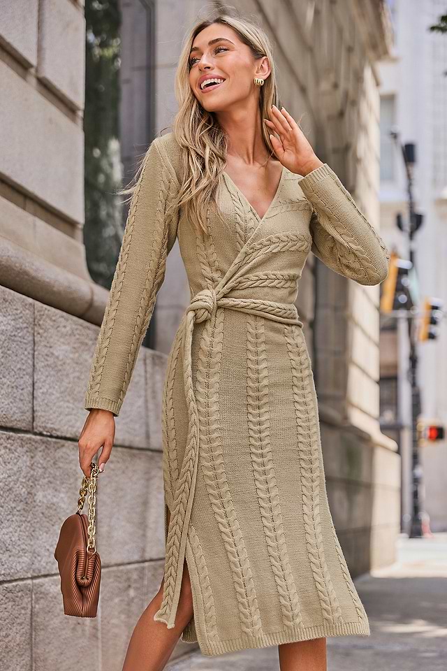 cable knit midi sweater dress Sand Surplice Side Tie how to style a sweater dress