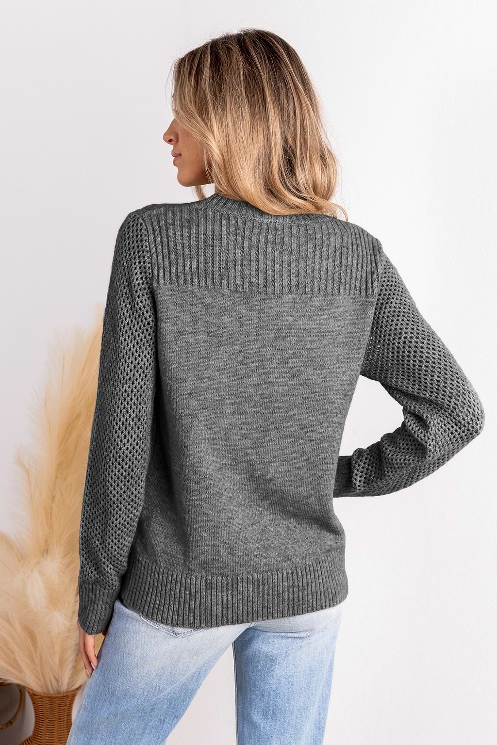 Grey Ribbed Knit Round Neck Long Sleeve Jumper