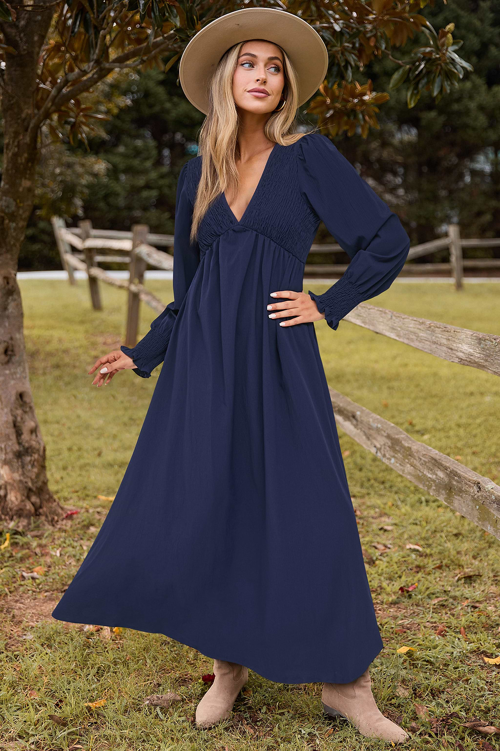 Royal Blue Plunging Blouson Sleeve Maxi Dress