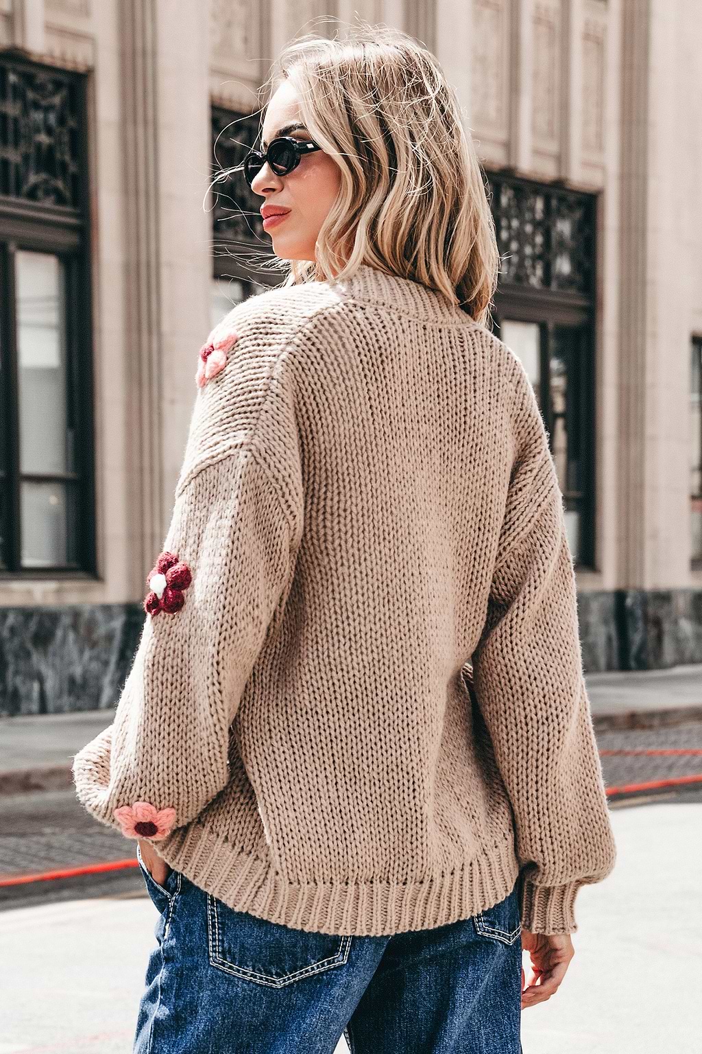 Camel Open Front 3-D Floral Cardigan