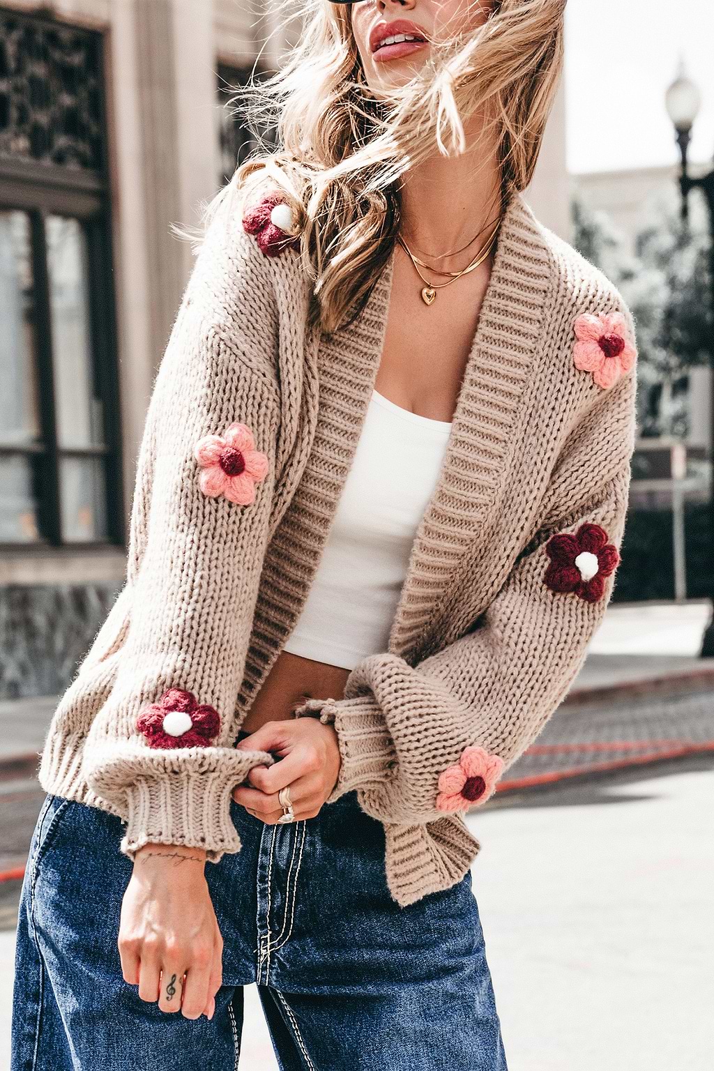 Camel Open Front 3-D Floral Cardigan