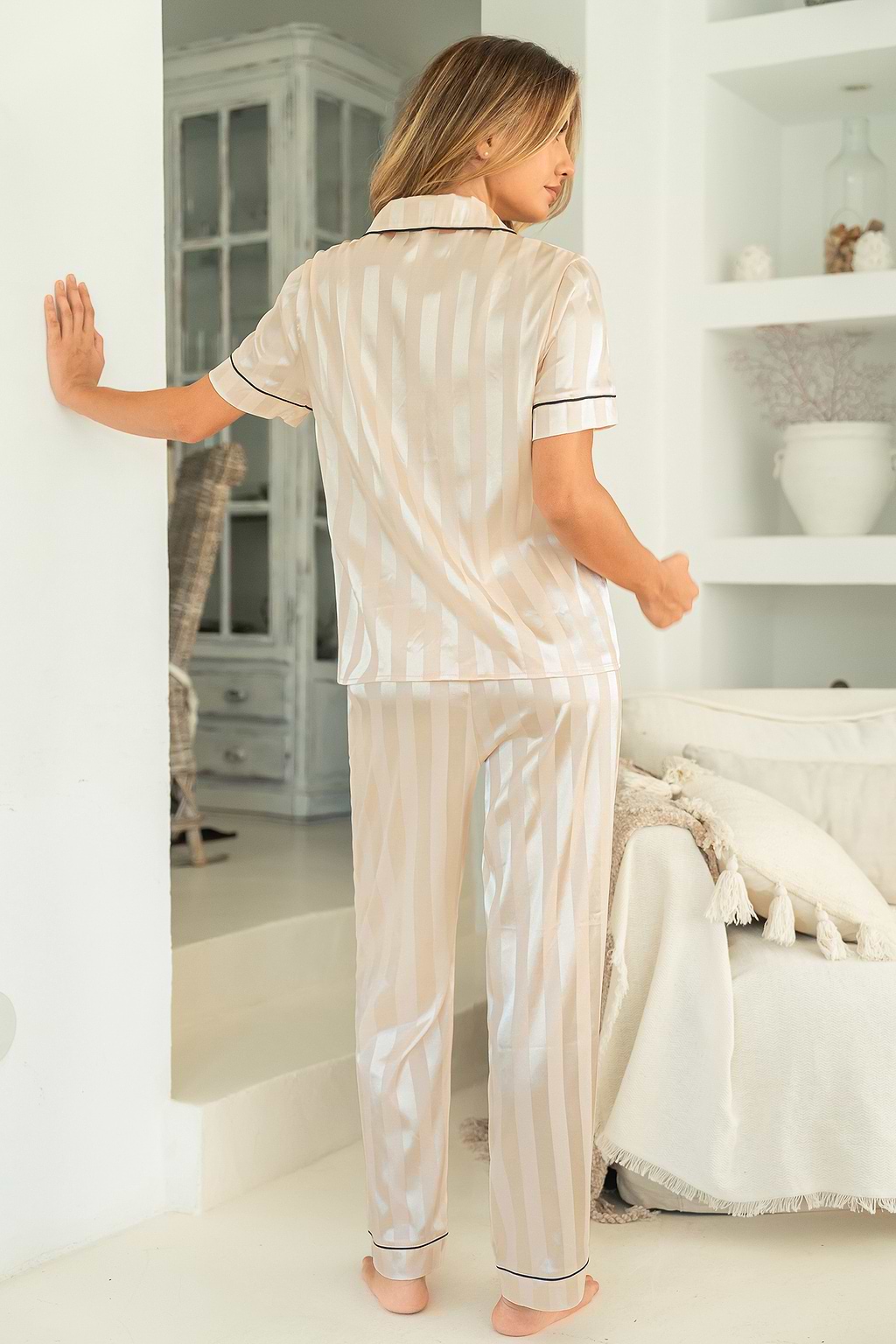 Tonal Coral Striped Satin Pajama Top & Bottoms Set