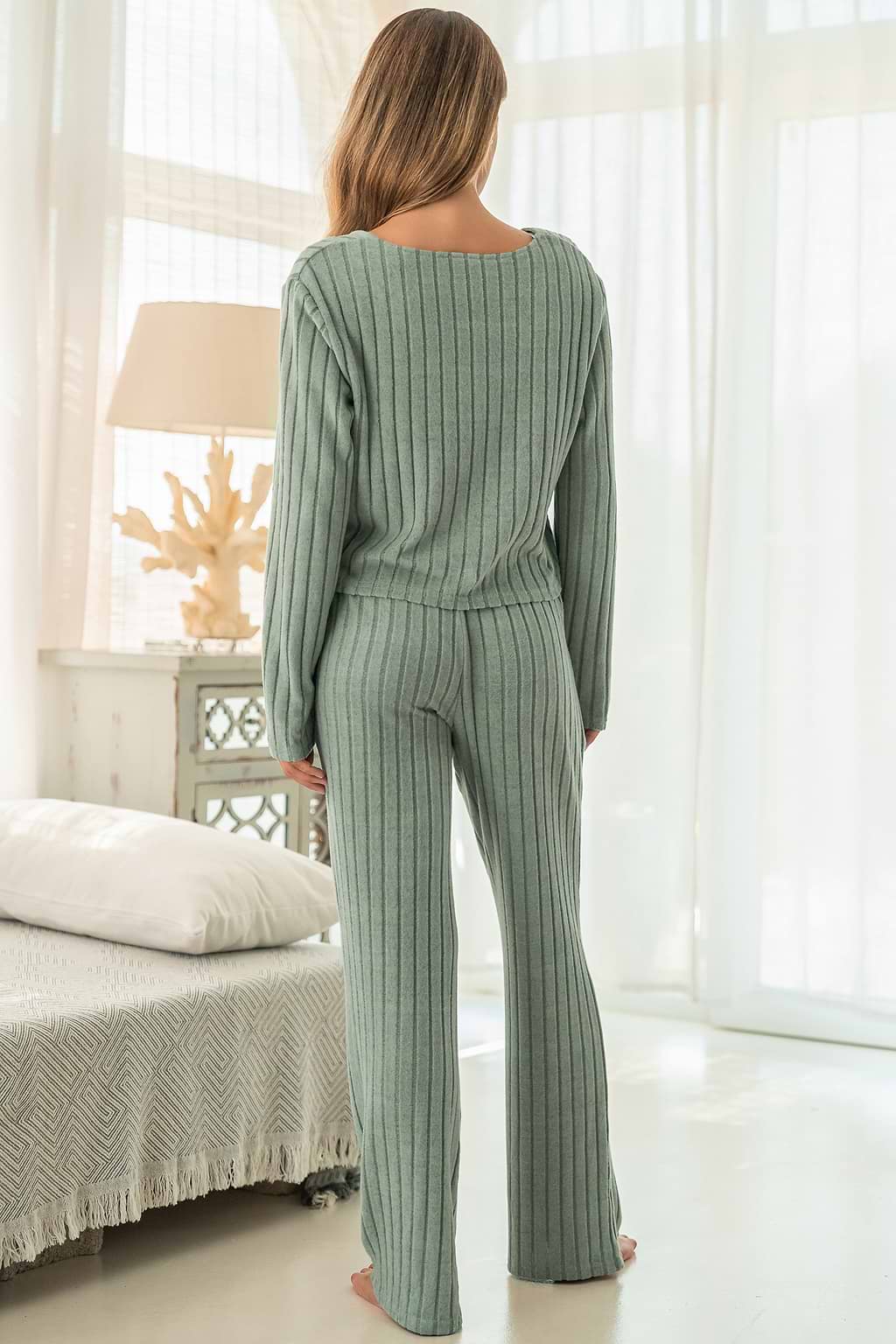 Conjunto de pijama de punto acanalado en color salvia