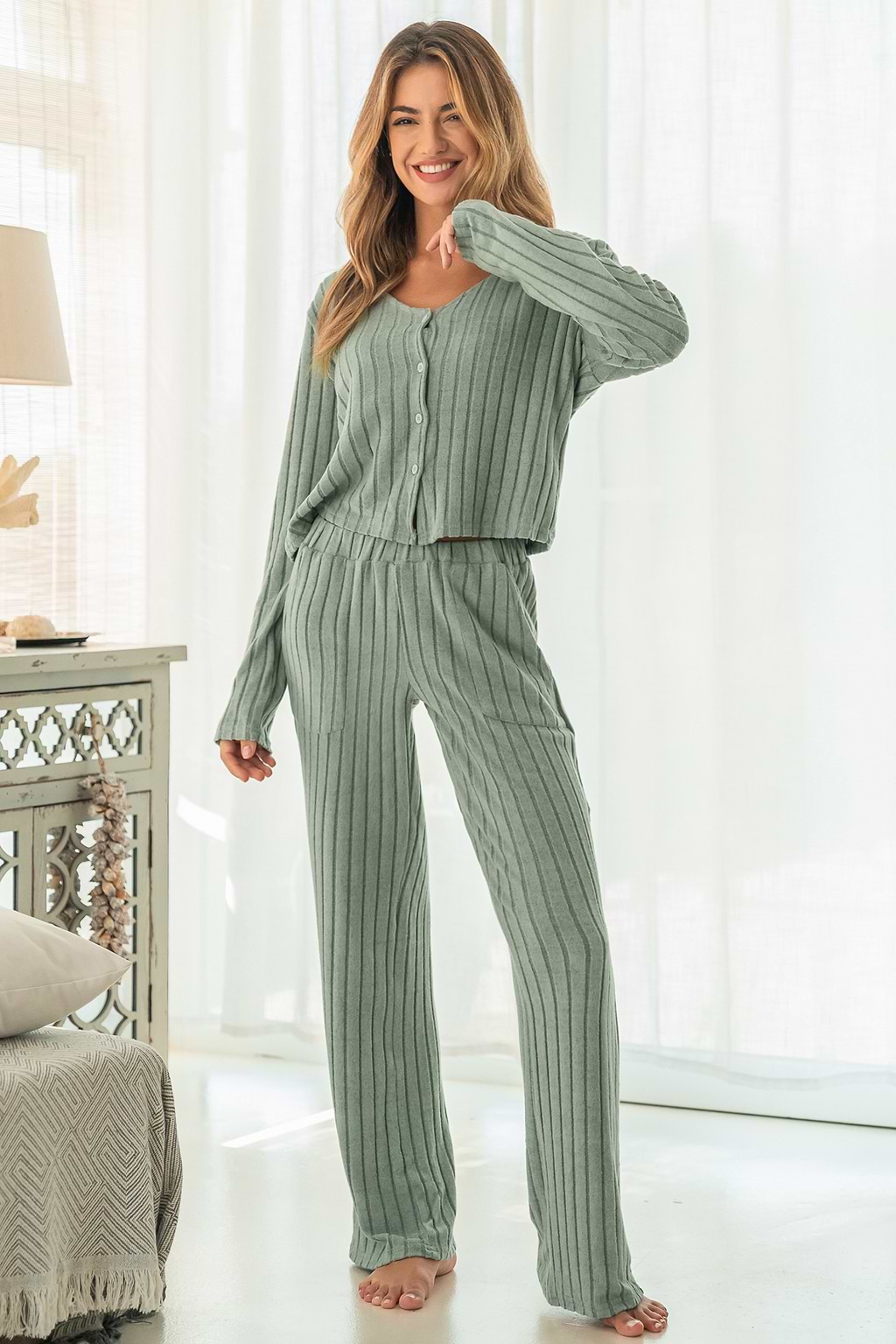 Sage Ribbed Knit Pajama Set
