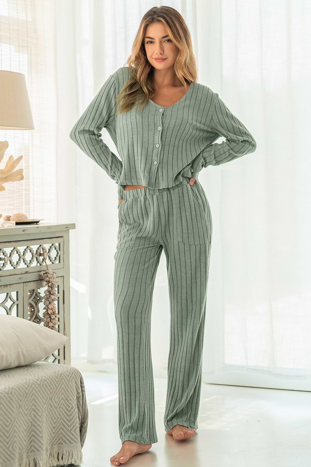 Sage Ribbed Knit Pajama Set