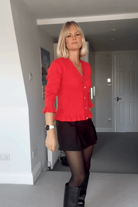 Burgundy Ribbed Knit V-Neck Long Sleeve Ruffle Trim Cardigan