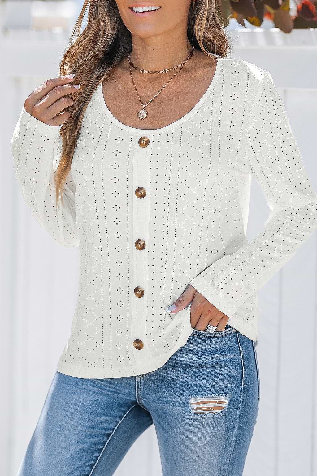 White Eyelet Jersey Scoop Neck Long Sleeve Top