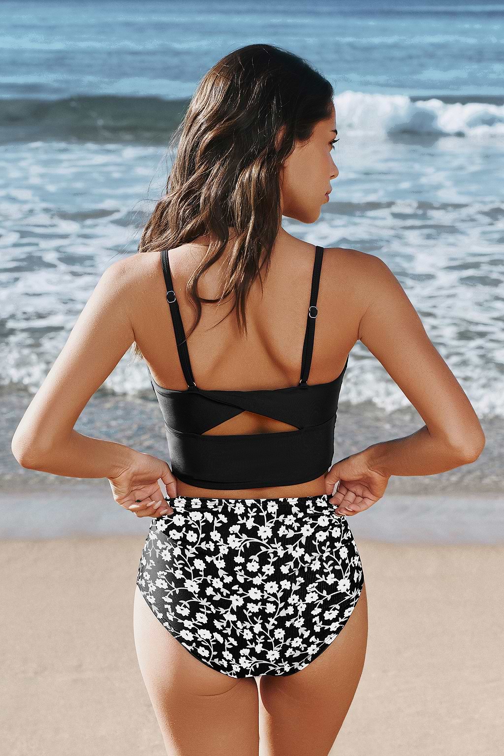 Black V-Wire Tankini Top & Floral High-Rise Bottoms Set