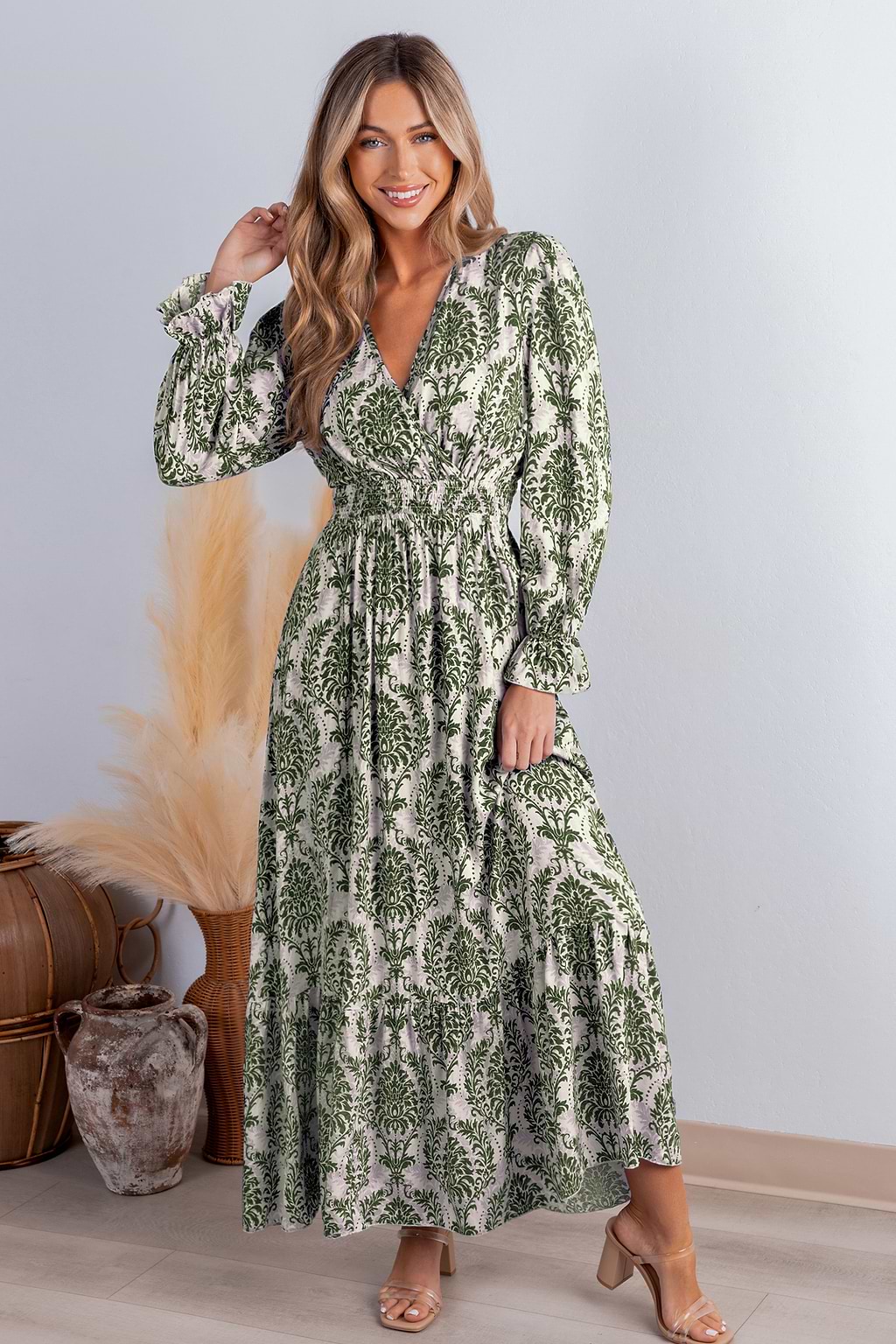 Green Damask Long Sleeve V-Neck Maxi Dress