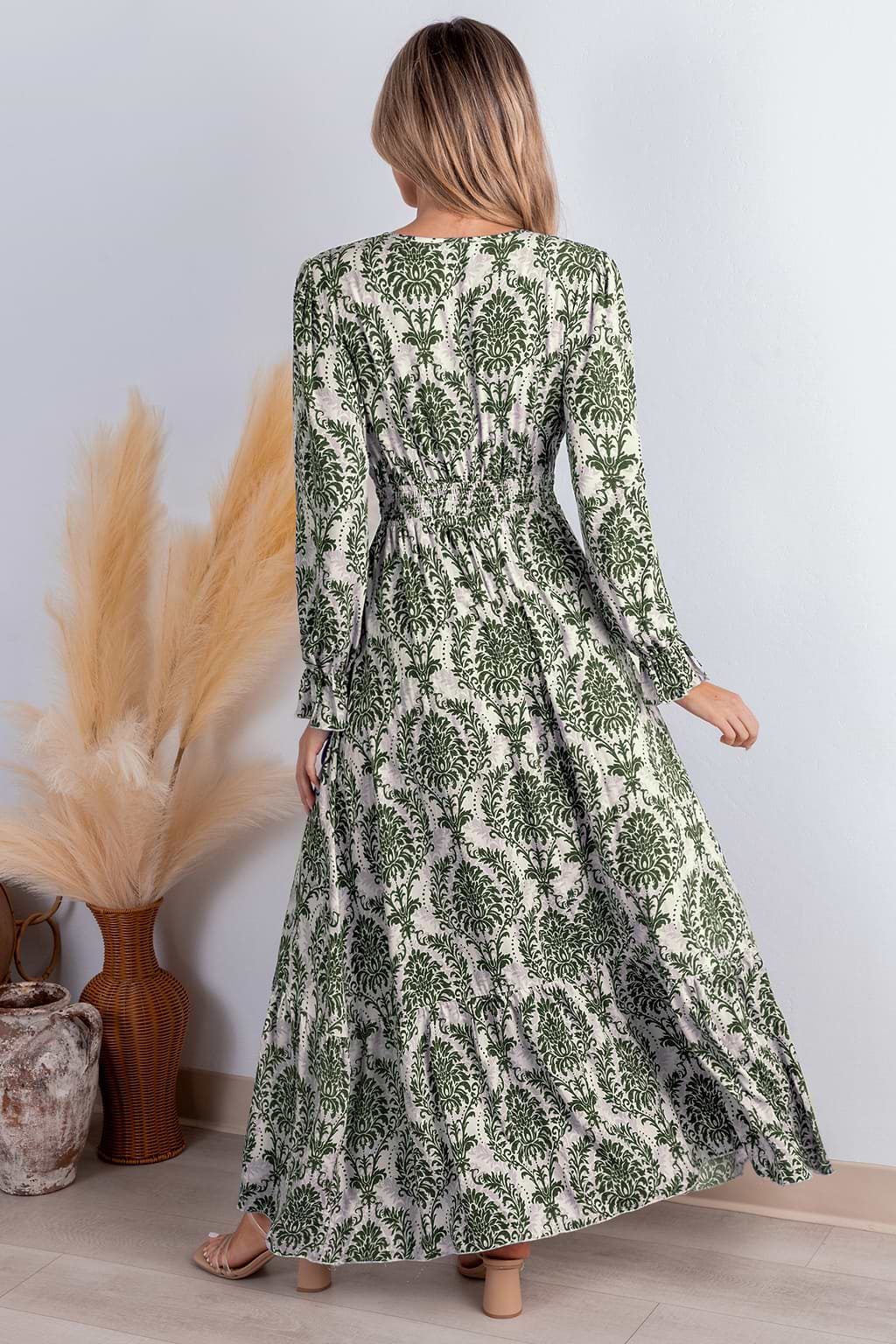 Green Damask Long Sleeve V-Neck Maxi Dress