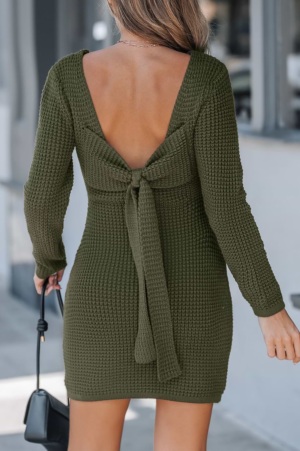 Green Low-Back Long Sleeve Mini Dress