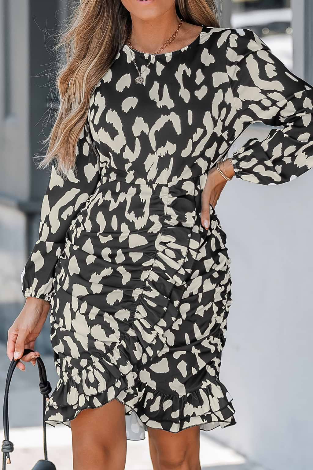 Black Abstract Blouson Sleeve Ruffled Mini Dress