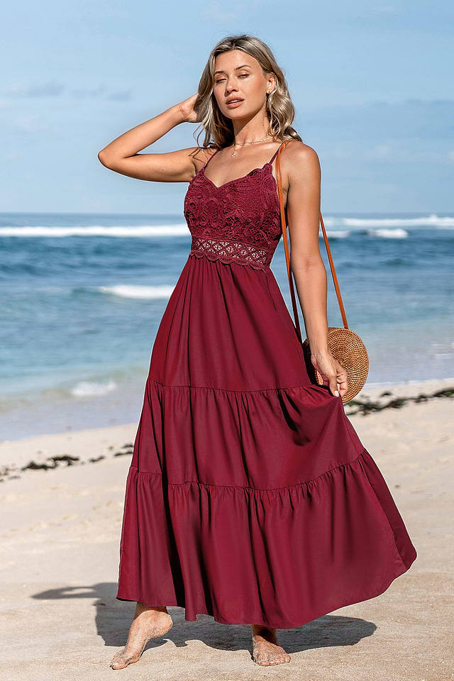 Crimson V-Neck Lace Bodice Sleeveless Maxi Dress