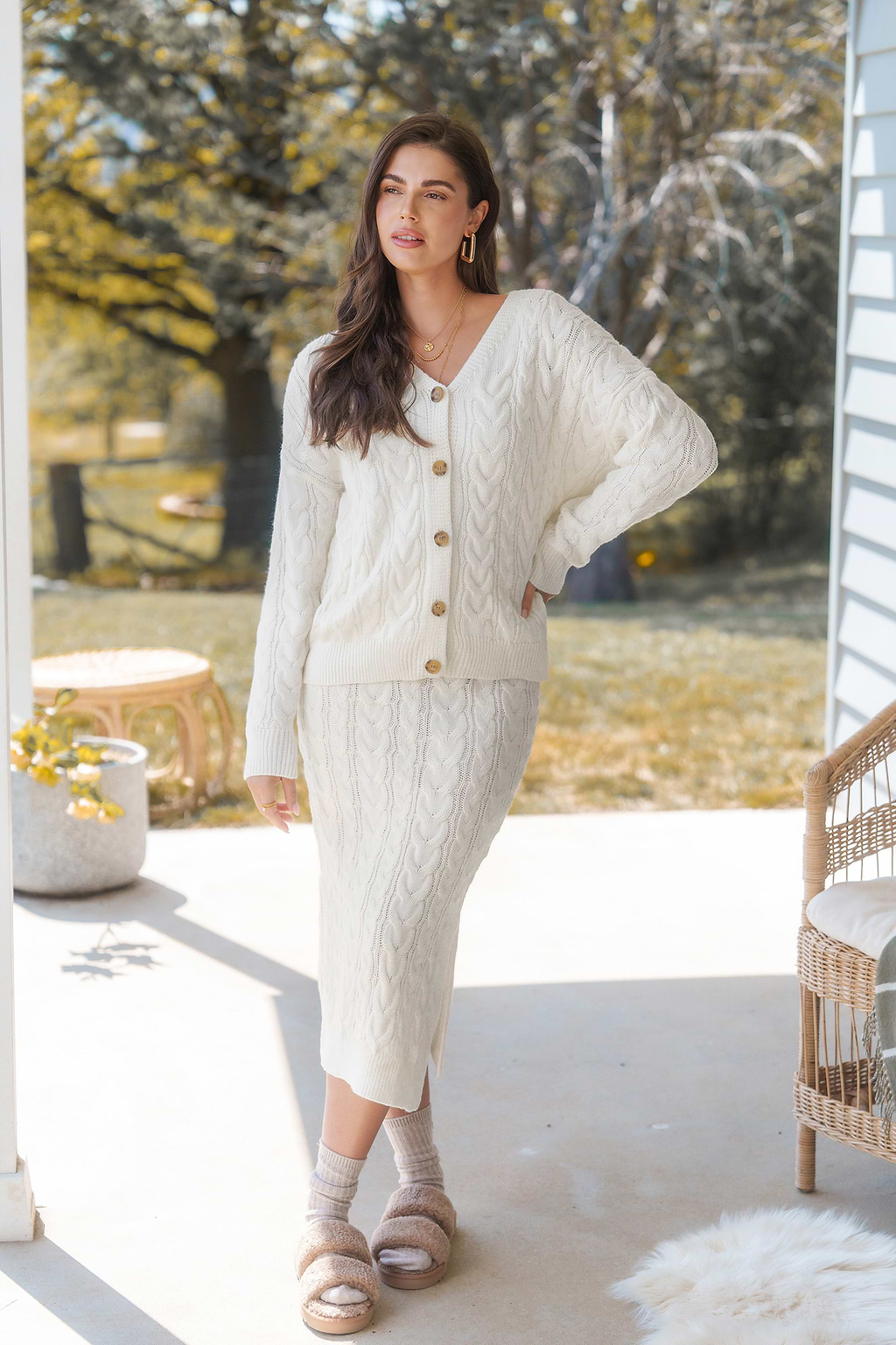 White Cable Knit Front Button Cardigan