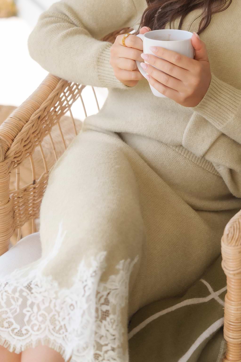 Khaki Lace Trim Midi Sweater Skirt