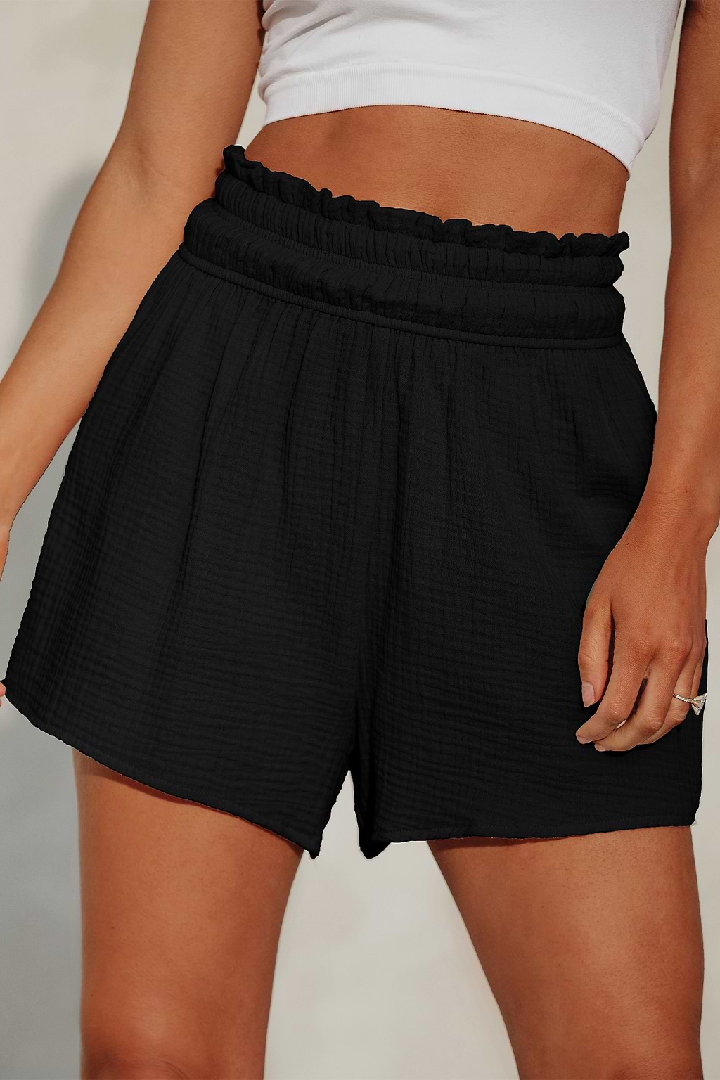 Black Smocked Paperbag Waist Shorts