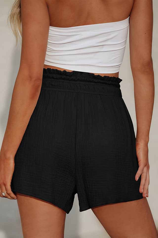 Black Smocked Paperbag Waist Shorts