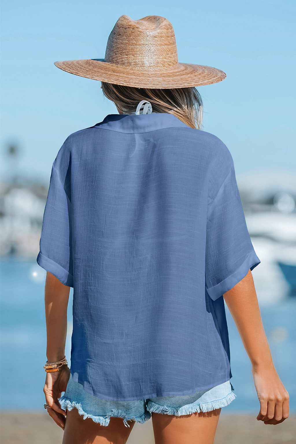 Button Front Collared V-Neck Cover-Up Top