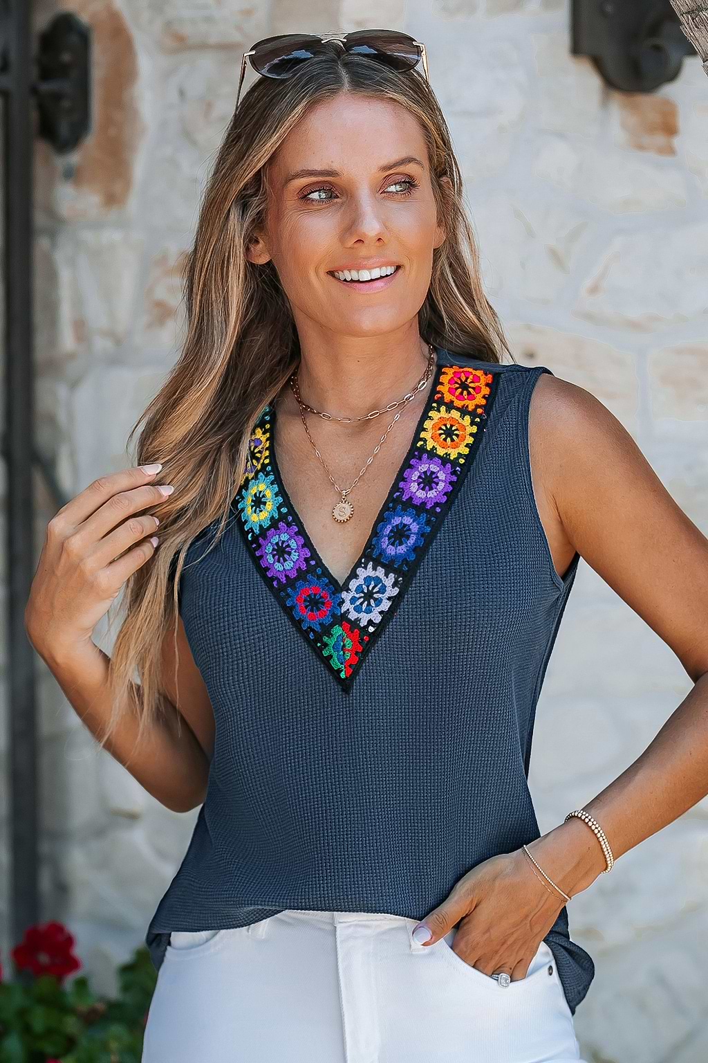 Crocheted V-Neck Sleeveless Top