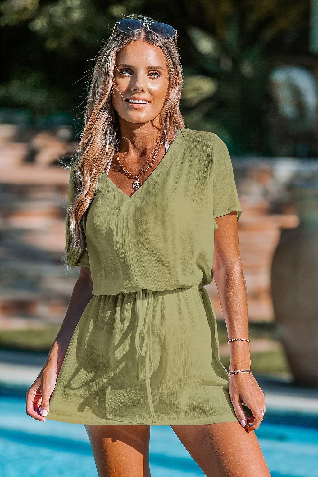 Mint Short Sleeve Waist Tie Mini Cover-Up